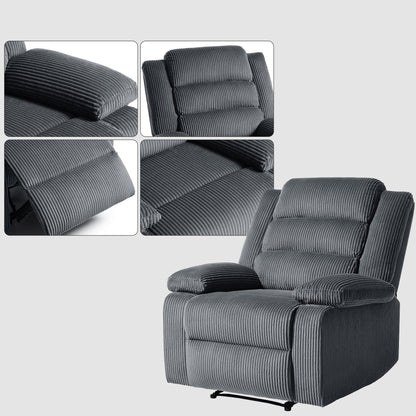 Fauteuil inclinable manuel en velours côtelé moderne, chaise longue inclinable réglable avec accoudoirs larges.