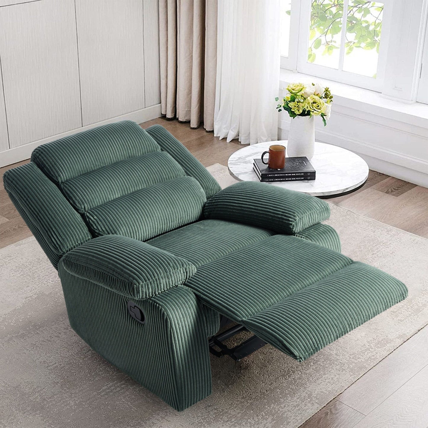 Fauteuil inclinable manuel en velours côtelé moderne, chaise longue inclinable réglable avec accoudoirs larges.