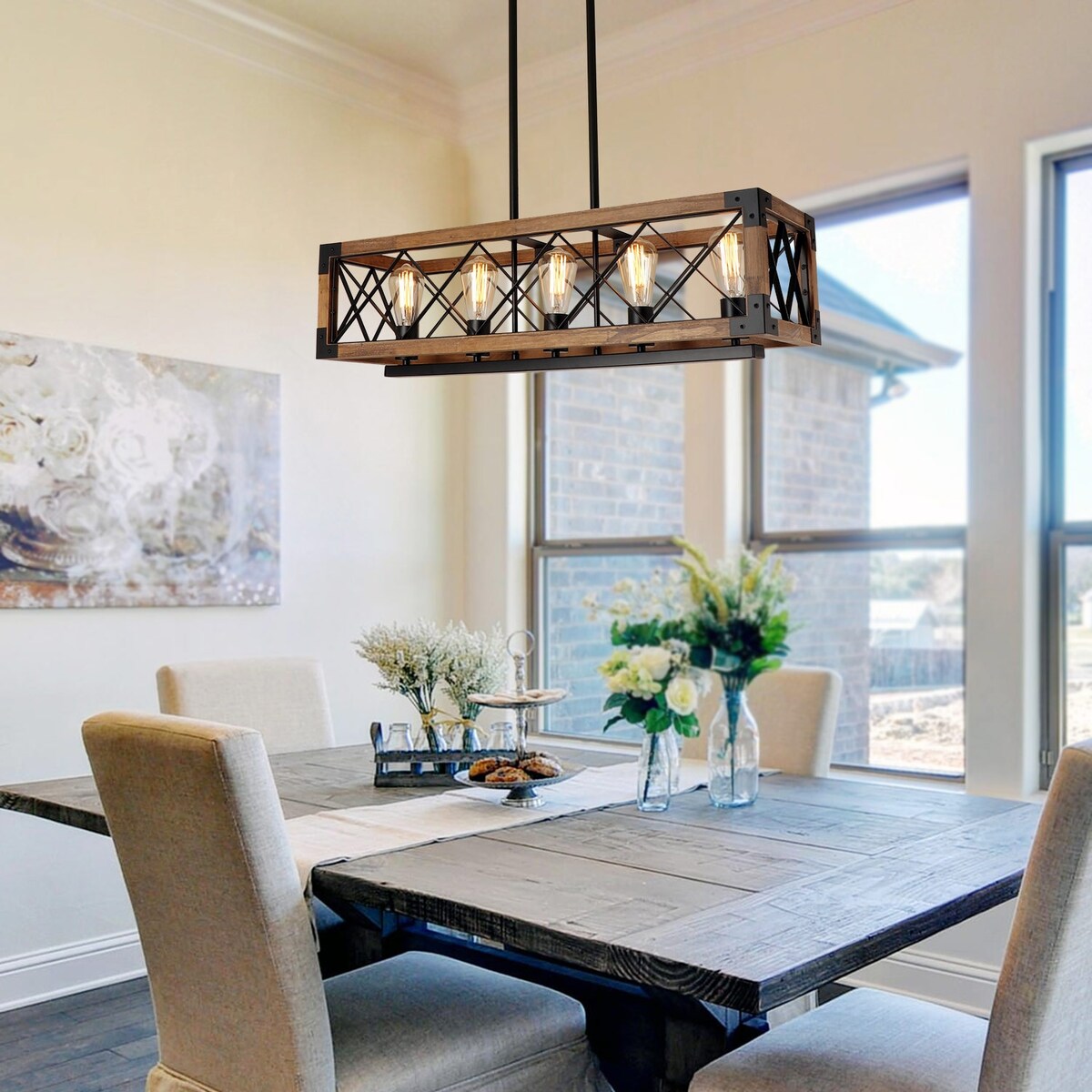 Luminaire suspendu moderne de style farmhouse, cage rectangulaire en bois à 5 lumières, pour salle à manger - 80,3 L x 25,4 l x 19,8 H (cm)