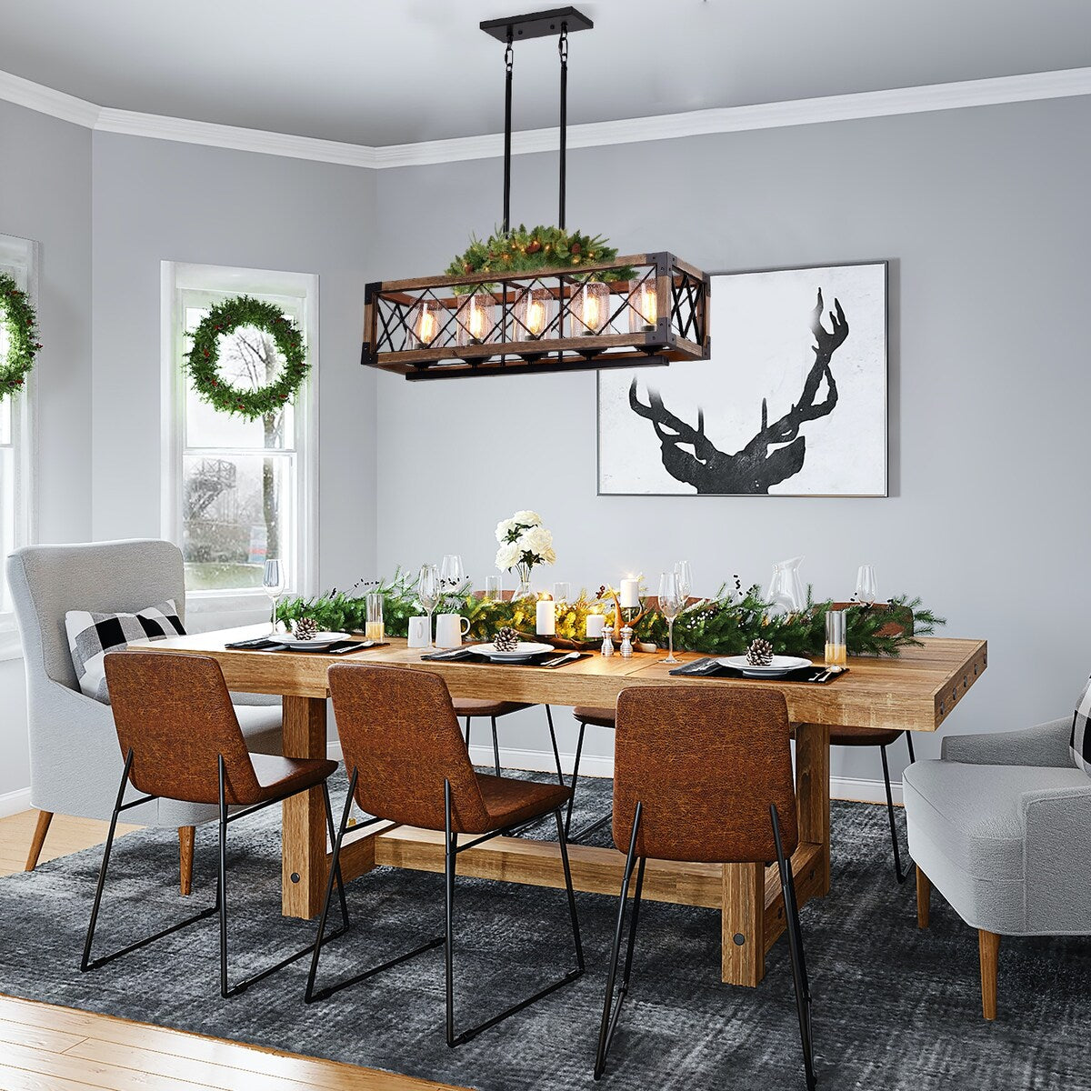 Luminaire suspendu rectangulaire en bois à 5 lumières, style ferme moderne, avec verre dépoli, pour îlot de cuisine, salle à manger - 80 L x 22,2 W x 20,3 H (cm)