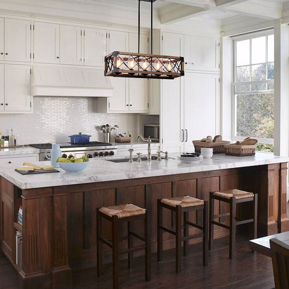 Luminaire suspendu rectangulaire en bois à 5 lumières, style ferme moderne, avec verre dépoli, pour îlot de cuisine, salle à manger - 80 L x 22,2 W x 20,3 H (cm)