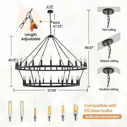 Luminaire suspendu moderne style ferme, lustre à 2 niveaux en forme de roue de charrette, grand luminaire pour plafond haut.