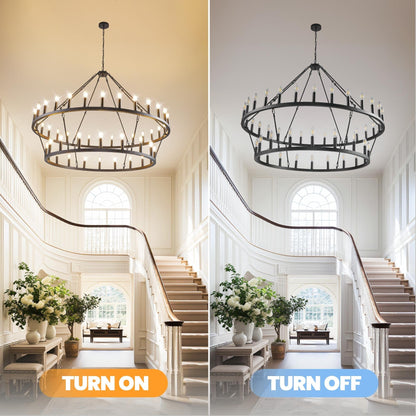 Luminaire suspendu moderne style ferme, lustre à 2 niveaux en forme de roue de charrette, grand luminaire pour plafond haut.