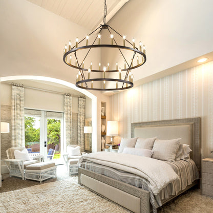 Luminaire suspendu moderne style ferme, lustre à 2 niveaux en forme de roue de charrette, grand luminaire pour plafond haut.