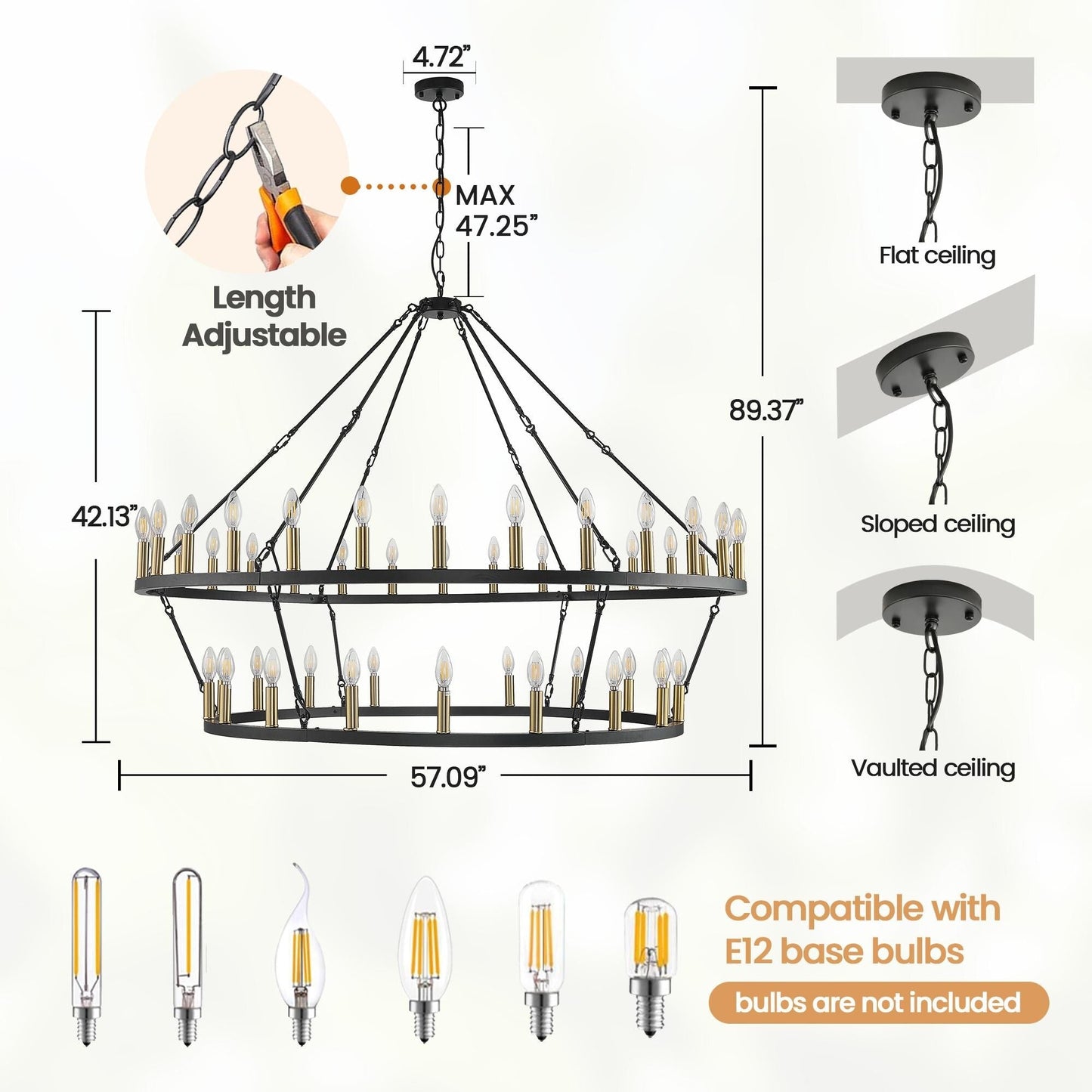 Luminaire suspendu moderne style ferme, lustre à 2 niveaux en forme de roue de charrette, grand luminaire pour plafond haut.