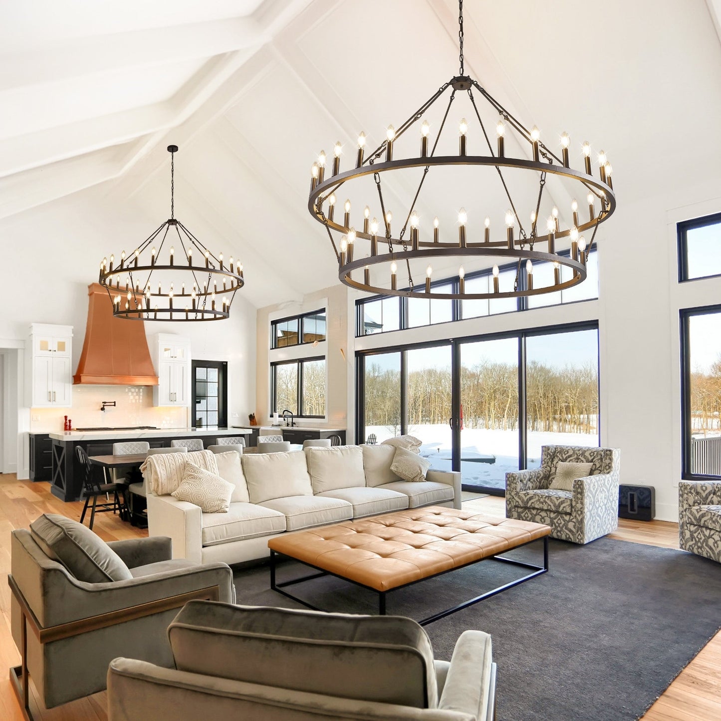 Luminaire suspendu moderne style ferme, lustre à 2 niveaux en forme de roue de charrette, grand luminaire pour plafond haut.