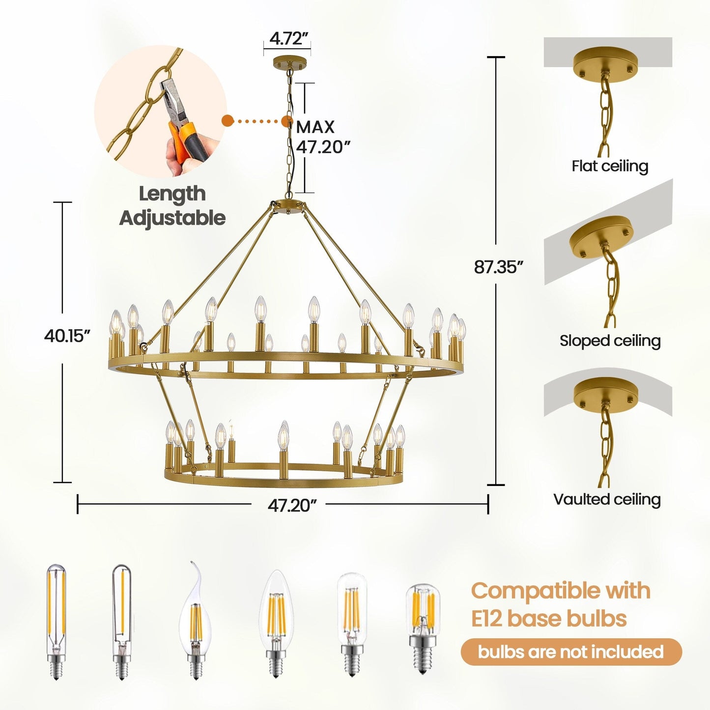 Luminaire suspendu moderne style ferme, lustre à 2 niveaux en forme de roue de charrette, grand luminaire pour plafond haut.