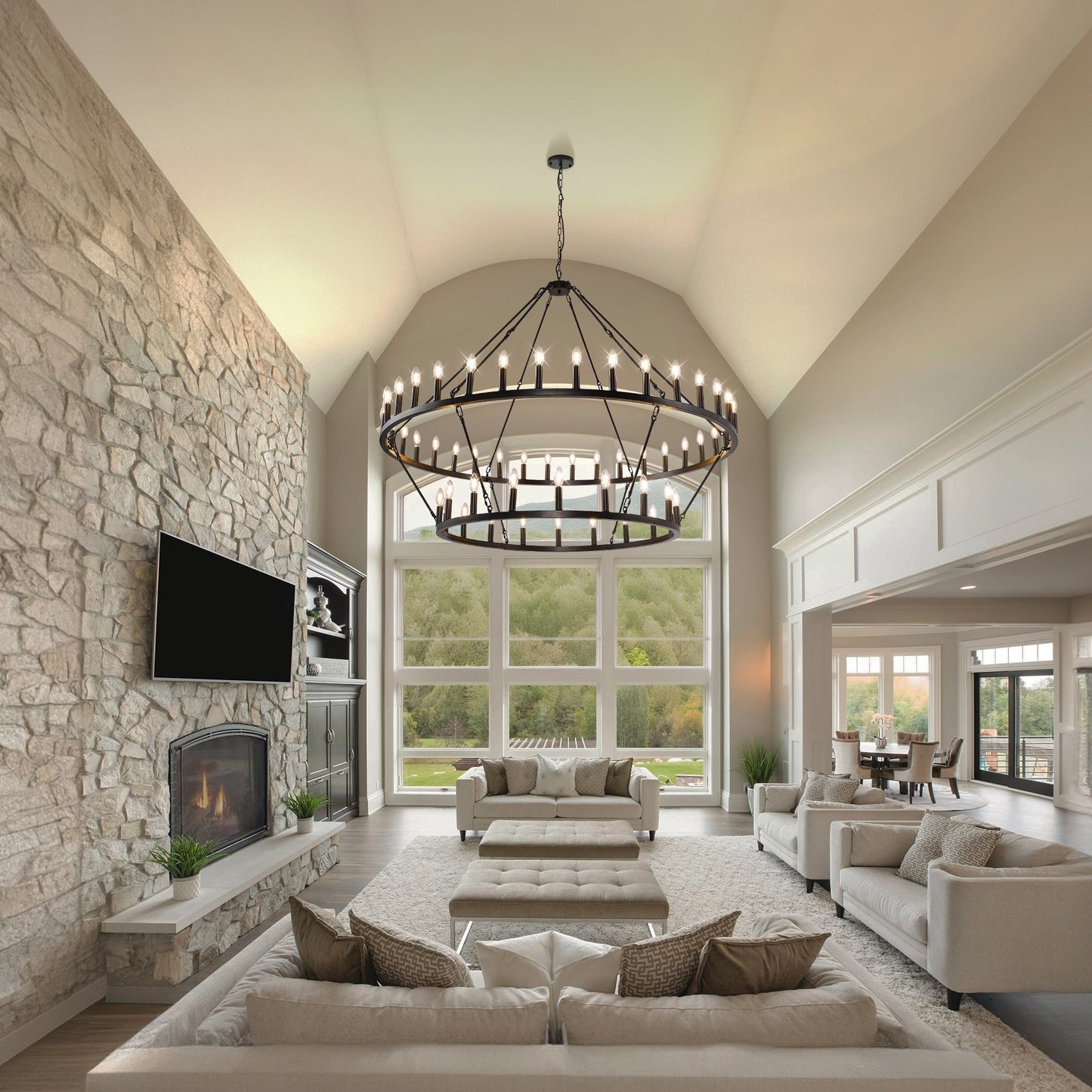 Luminaire suspendu moderne style ferme, lustre à 2 niveaux en forme de roue de charrette, grand luminaire pour plafond haut.