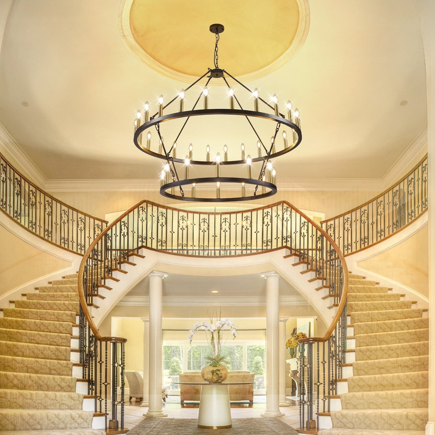 Luminaire suspendu moderne style ferme, lustre à 2 niveaux en forme de roue de charrette, grand luminaire pour plafond haut.