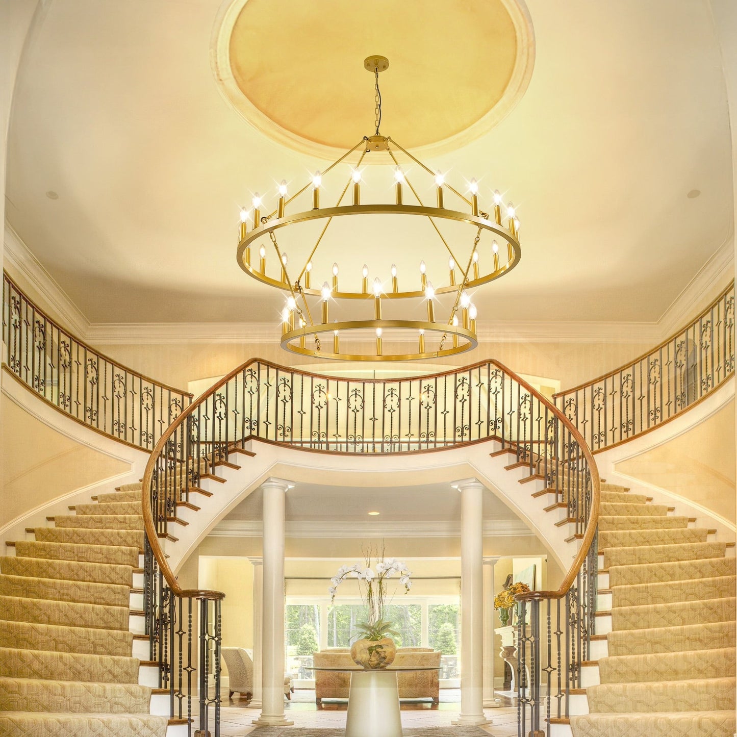 Luminaire suspendu moderne style ferme, lustre à 2 niveaux en forme de roue de charrette, grand luminaire pour plafond haut.