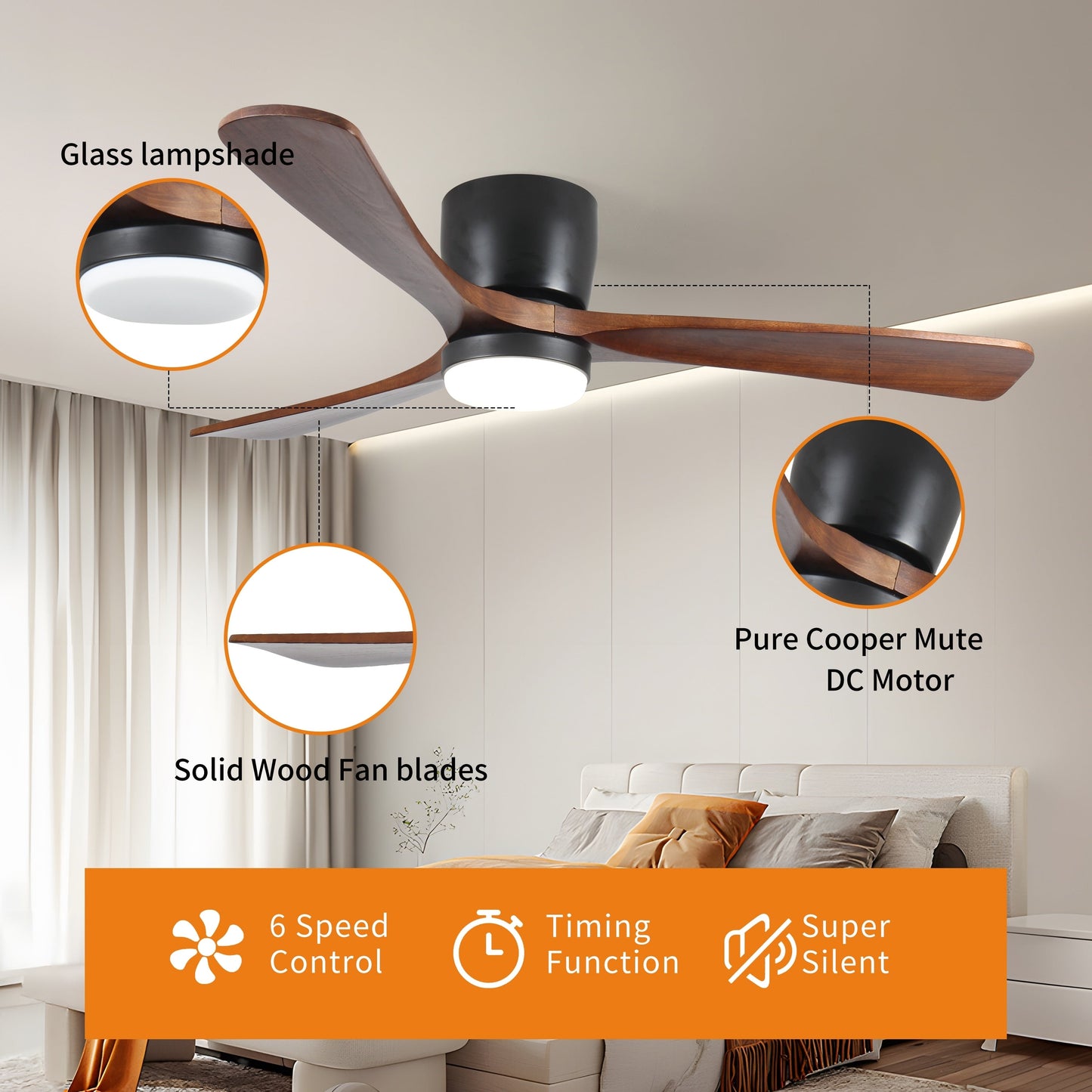 Ventilateurs de plafond à suspension moderne avec éclairage LED dimmable et télécommande, ventilateurs de plafond réversibles de 42 pouces pour salon, noir.