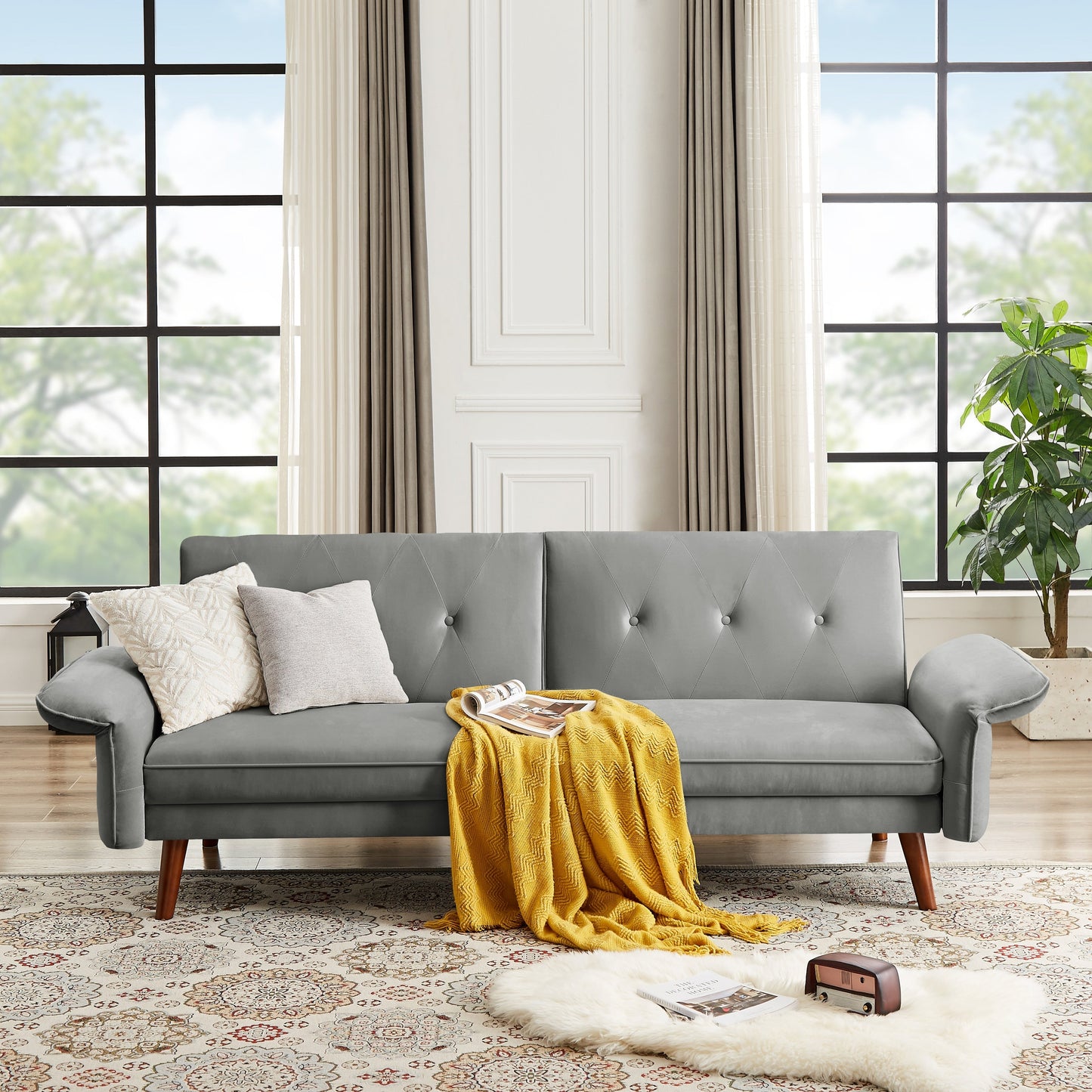 Canapé-lit futon moderne, canapé convertible avec pieds en bois coniques, 78,35 po de largeur, petit canapé à dossier divisé pour salon.