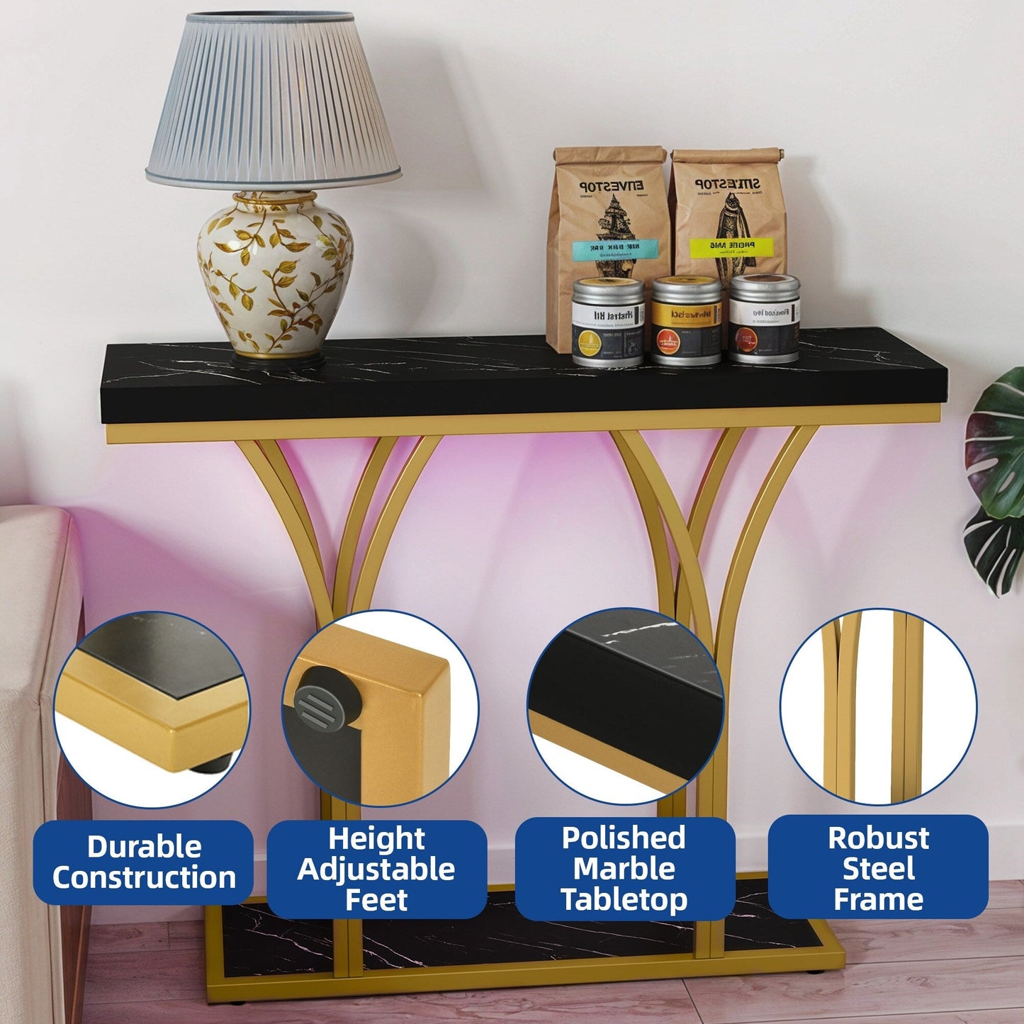 Modern Gold Console Sofa Table with Marbling Top for Entryway Hallway