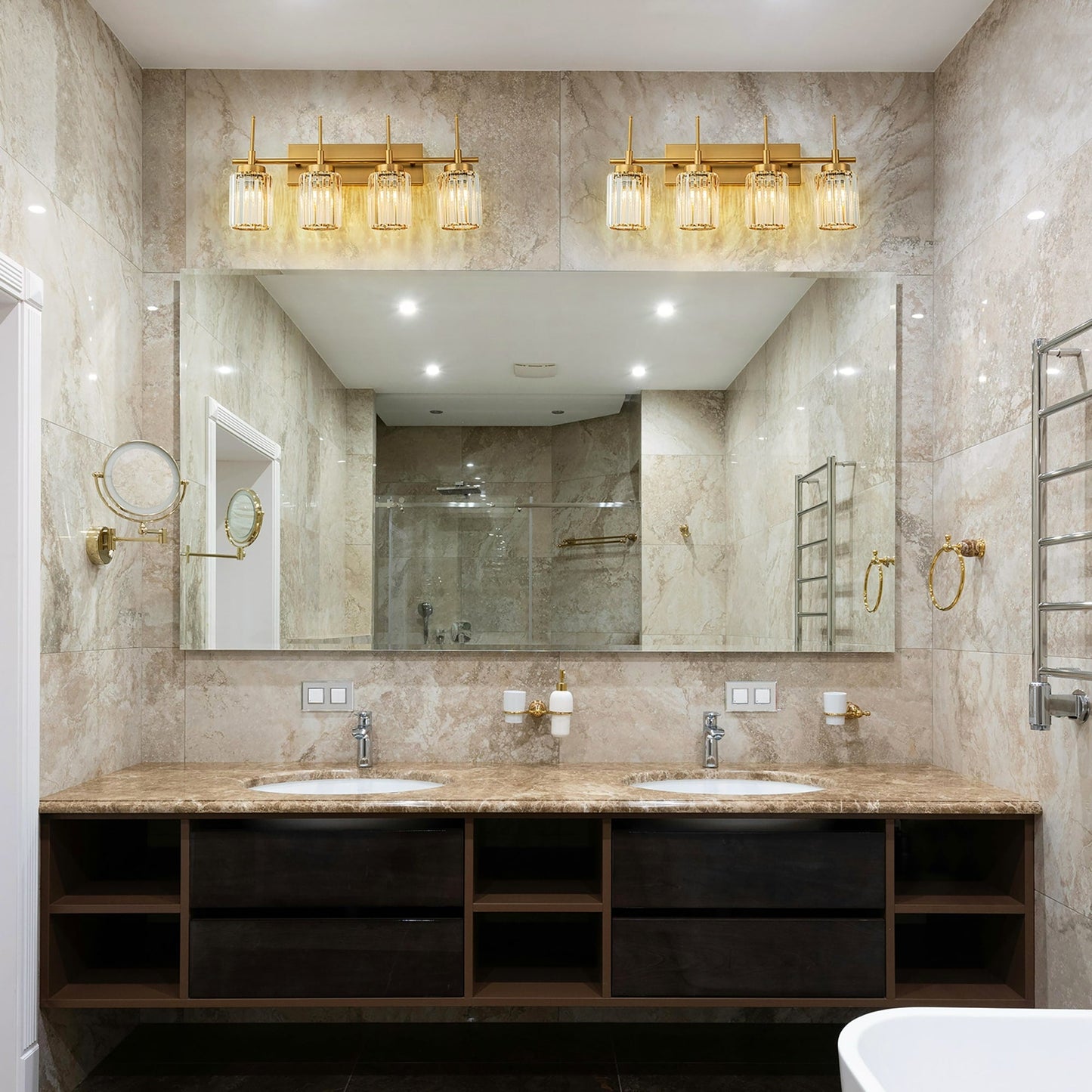 Applique murale moderne dorée à intensité variable, cylindre glamour, cristal, pour salle de bain, luminaire mural.