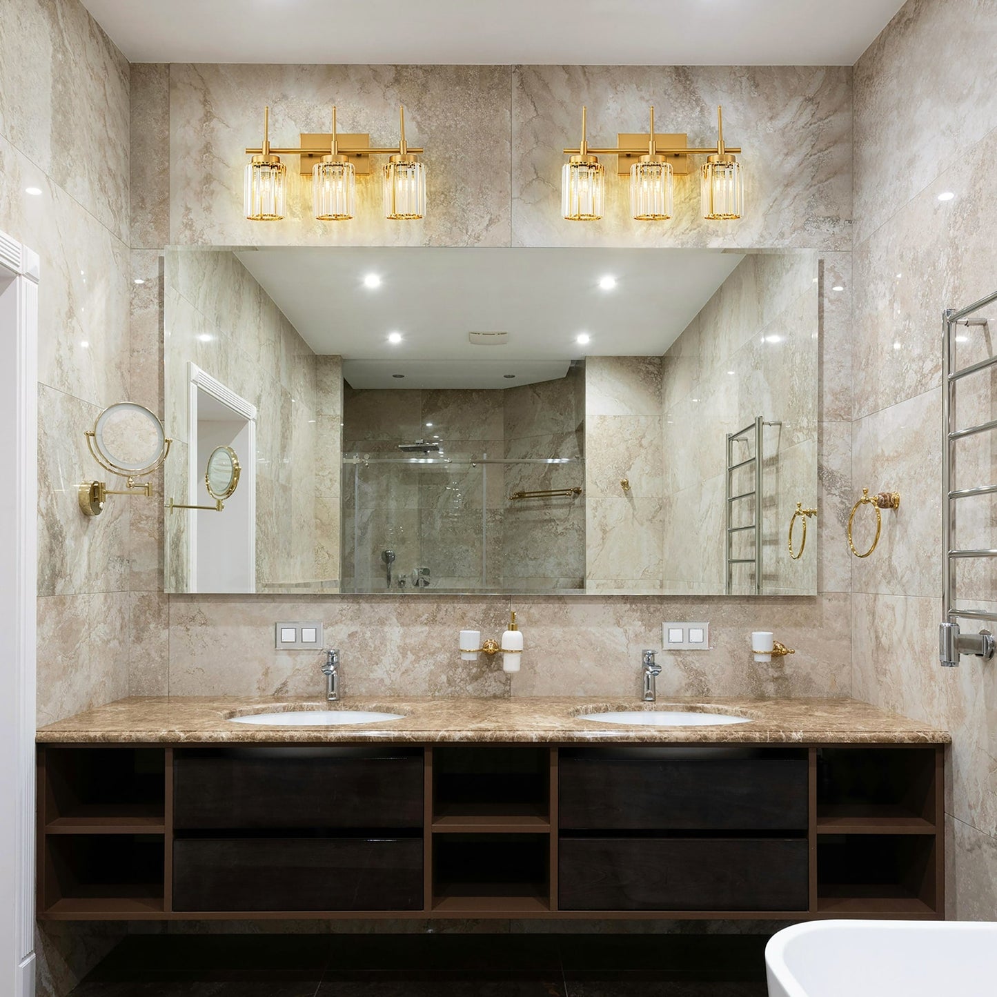 Applique murale moderne dorée à intensité variable, cylindre glamour, cristal, pour salle de bain, luminaire mural.