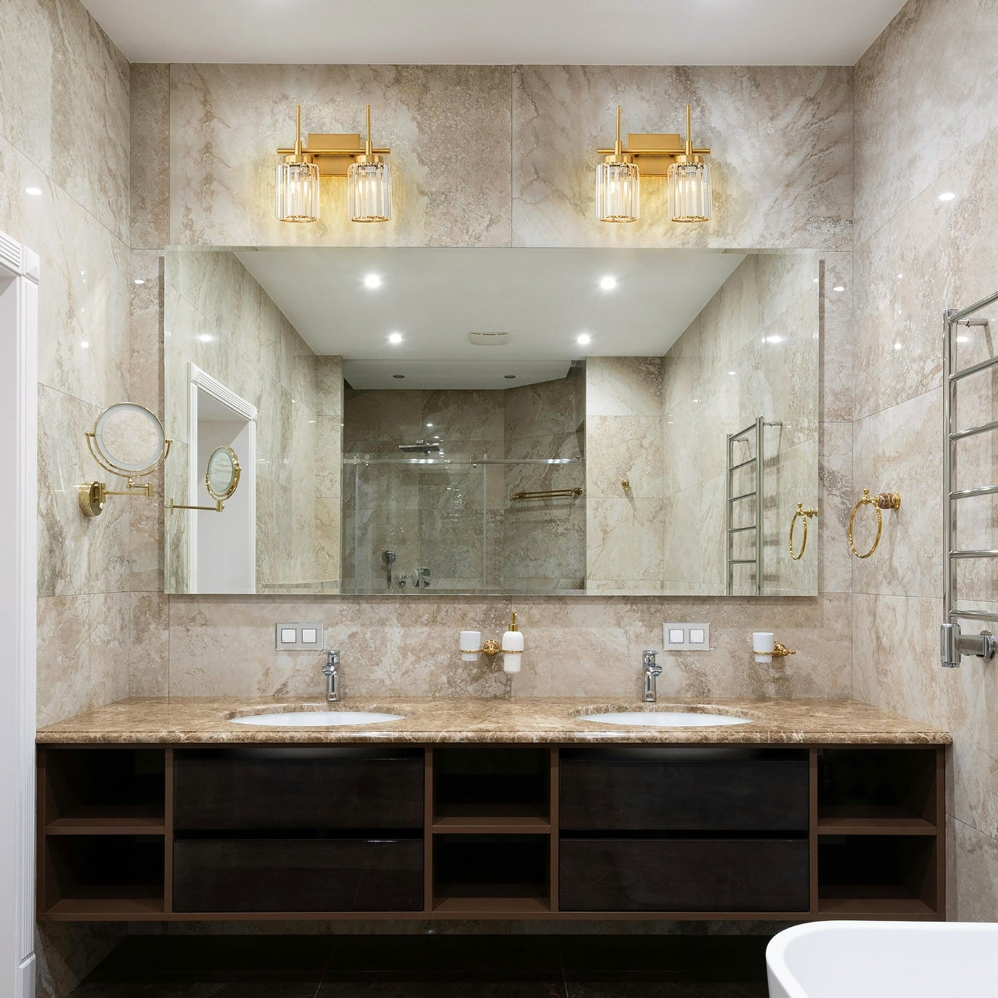 Applique murale moderne dorée à intensité variable, cylindre glamour, cristal, pour salle de bain, luminaire mural.