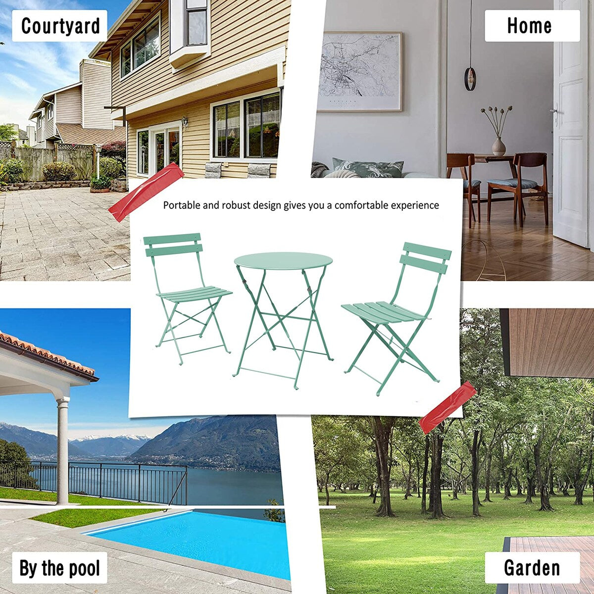 Ensemble de bistro pliable en métal 3 pièces, ensemble de conversation résistant aux intempéries pour l'intérieur et l'extérieur, pour patio, cour, jardin.