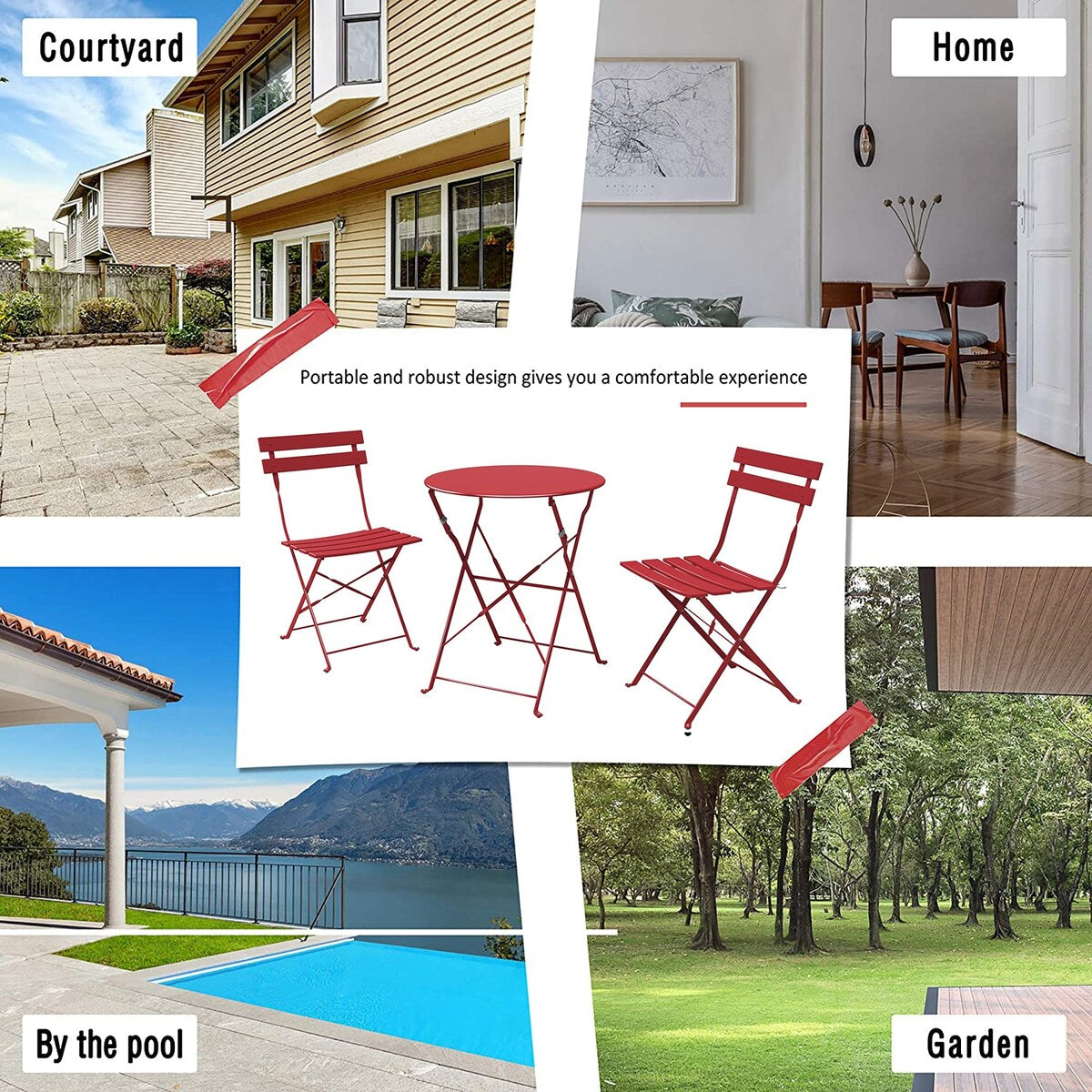 Ensemble de bistro pliable en métal 3 pièces, ensemble de conversation résistant aux intempéries pour l'intérieur et l'extérieur, pour patio, cour, jardin.