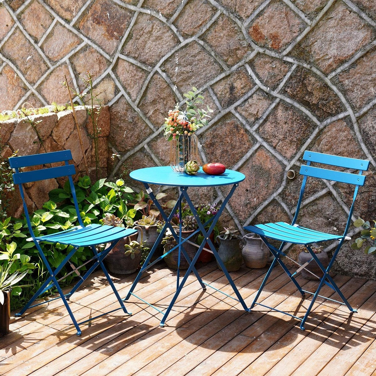 Ensemble de bistro pliable en métal 3 pièces, ensemble de conversation résistant aux intempéries pour l'intérieur et l'extérieur, pour patio, cour, jardin.