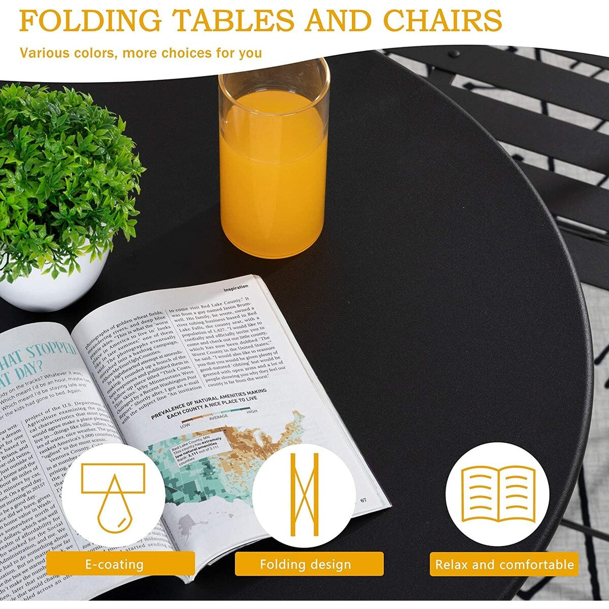 Ensemble de bistro pliable en métal 3 pièces, ensemble de conversation résistant aux intempéries pour l'intérieur et l'extérieur, pour patio, cour, jardin.