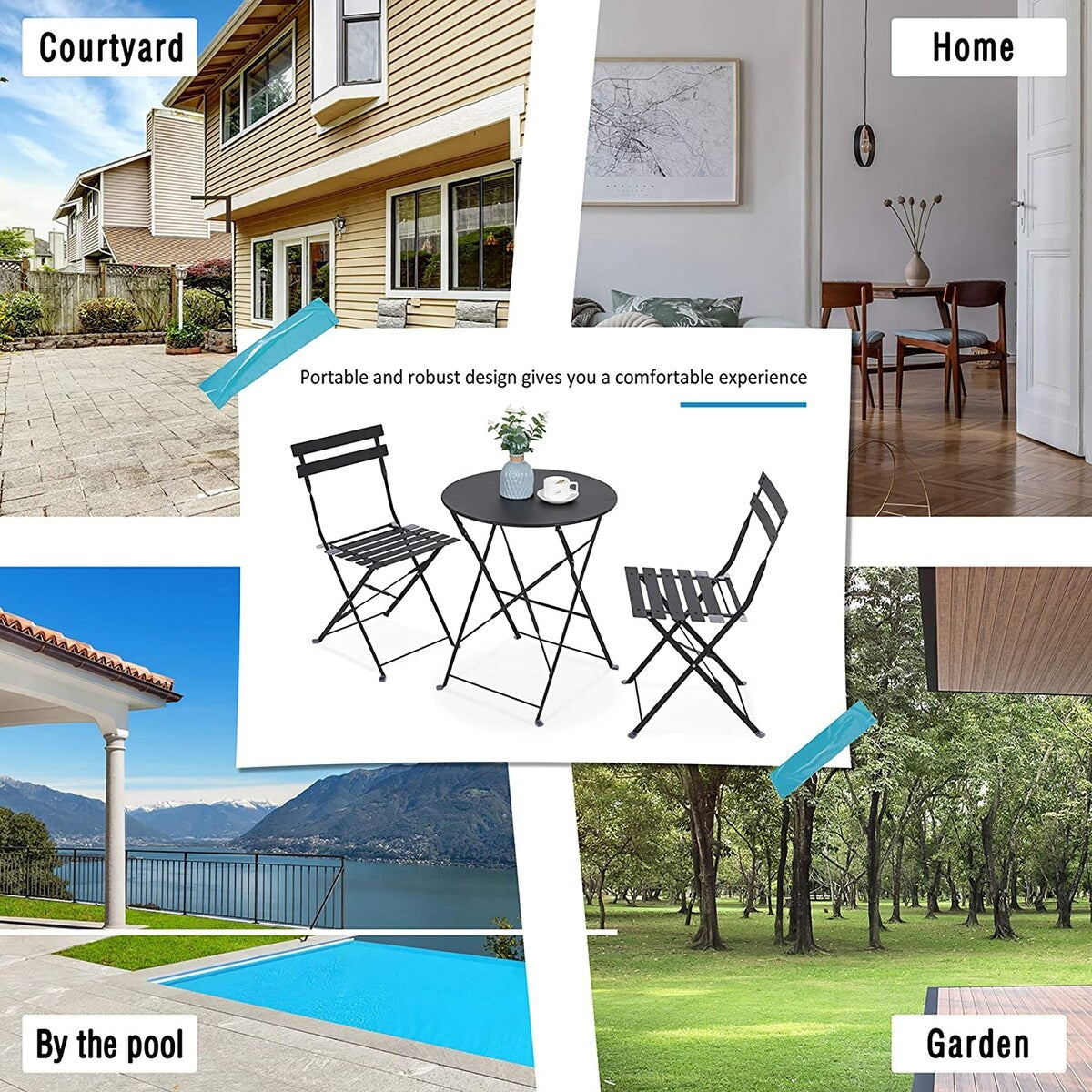 Ensemble de bistro pliable en métal 3 pièces, ensemble de conversation résistant aux intempéries pour l'intérieur et l'extérieur, pour patio, cour, jardin.