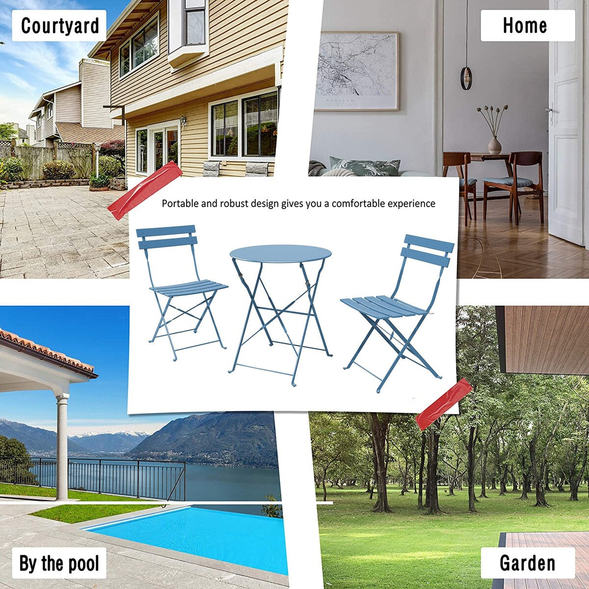 Ensemble de bistro pliable en métal 3 pièces, ensemble de conversation résistant aux intempéries pour l'intérieur et l'extérieur, pour patio, cour, jardin.