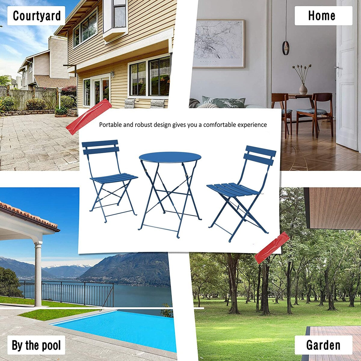 Ensemble de bistro pliable en métal 3 pièces, ensemble de conversation résistant aux intempéries pour l'intérieur et l'extérieur, pour patio, cour, jardin.