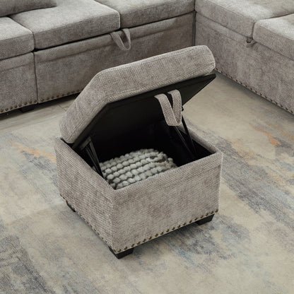 Canapé d'angle en chenille en forme de L moderne avec lit escamotable, assises de rangement, pouf et 2 coussins pour le salon.