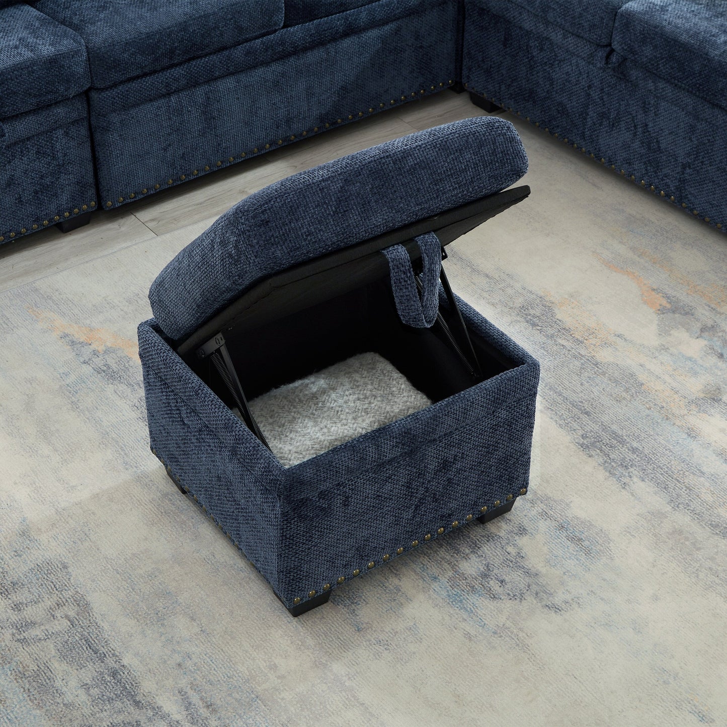 Canapé d'angle en chenille en forme de L moderne avec lit escamotable, assises de rangement, pouf et 2 coussins pour le salon.