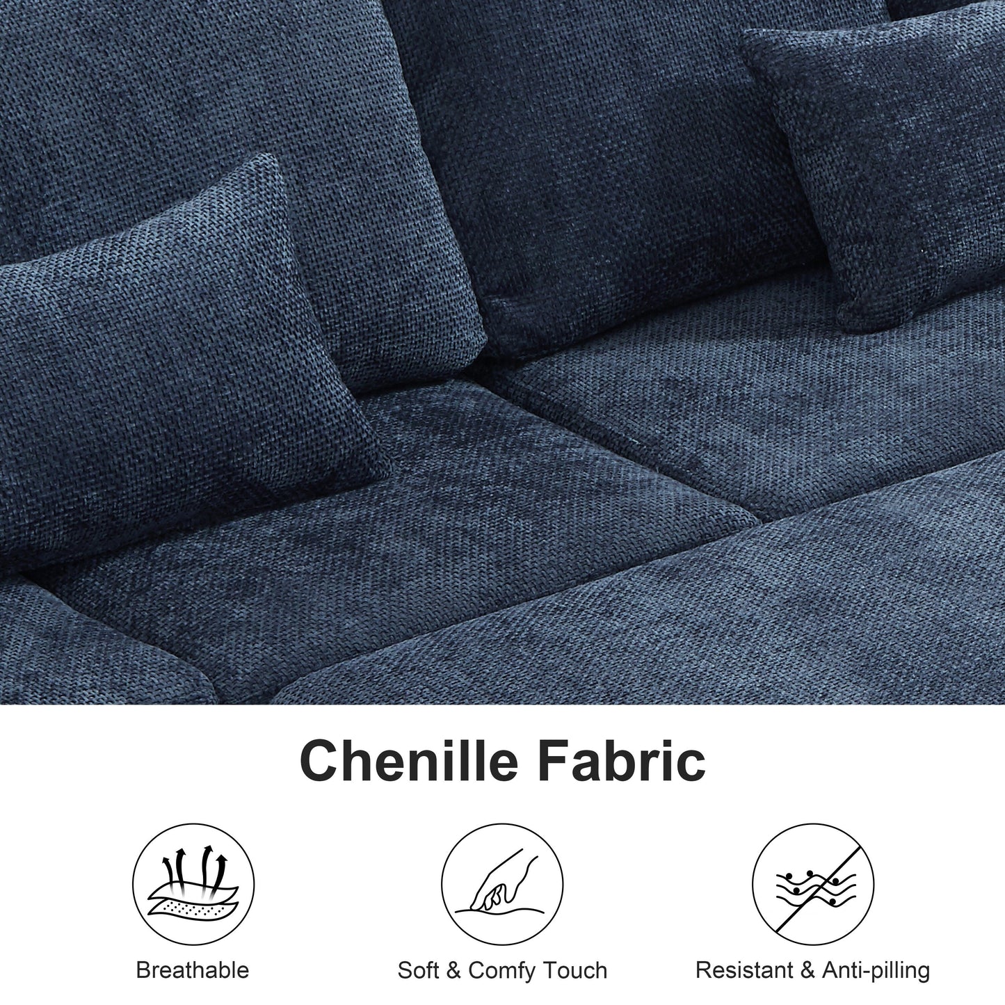 Canapé d'angle en chenille en forme de L moderne avec lit escamotable, assises de rangement, pouf et 2 coussins pour le salon.