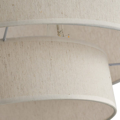 Suspension moderne en forme de tambour blanc cassé avec abat-jour en tissu de lin à 2 niveaux