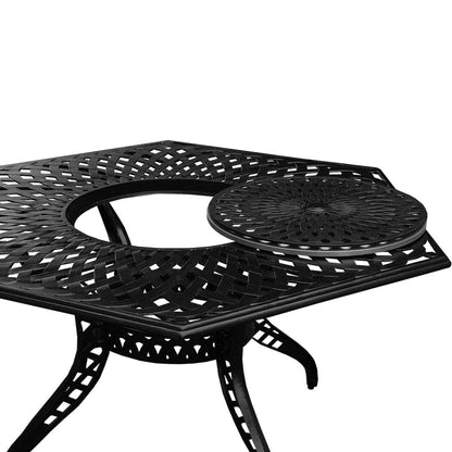 Ensemble de repas de patio hexagonal moderne et décoratif en aluminium et maille, 63 pouces, avec plateau tournant et six chaises - N/A