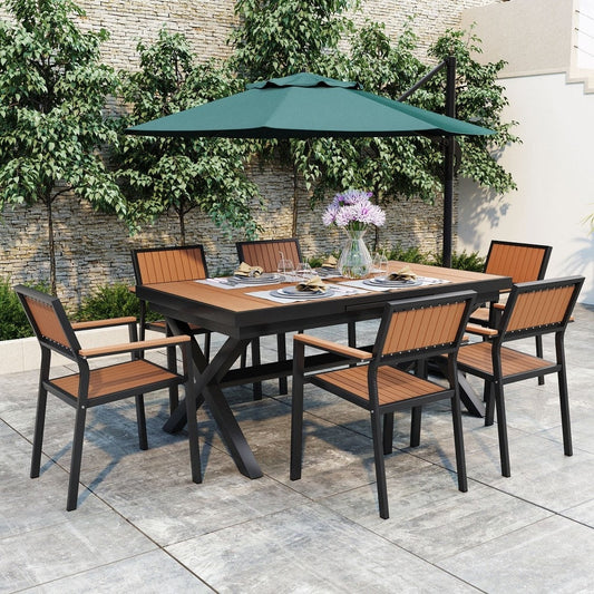 Ensemble de repas moderne pour extérieur, 7 pièces, avec six chaises et une table extensible pour patio.