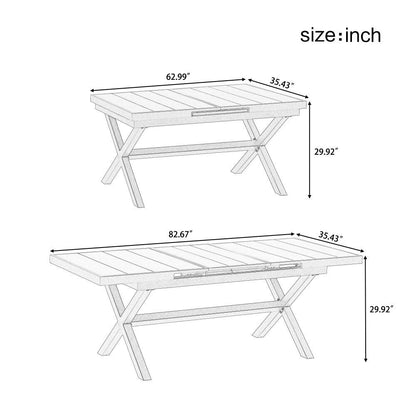 Ensemble de repas moderne pour extérieur, 7 pièces, avec six chaises et une table extensible pour patio.