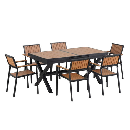 Ensemble de repas moderne pour extérieur, 7 pièces, avec six chaises et une table extensible pour patio.