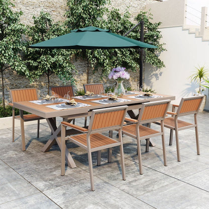 Ensemble de repas moderne pour extérieur, 7 pièces, avec six chaises et une table extensible pour patio.