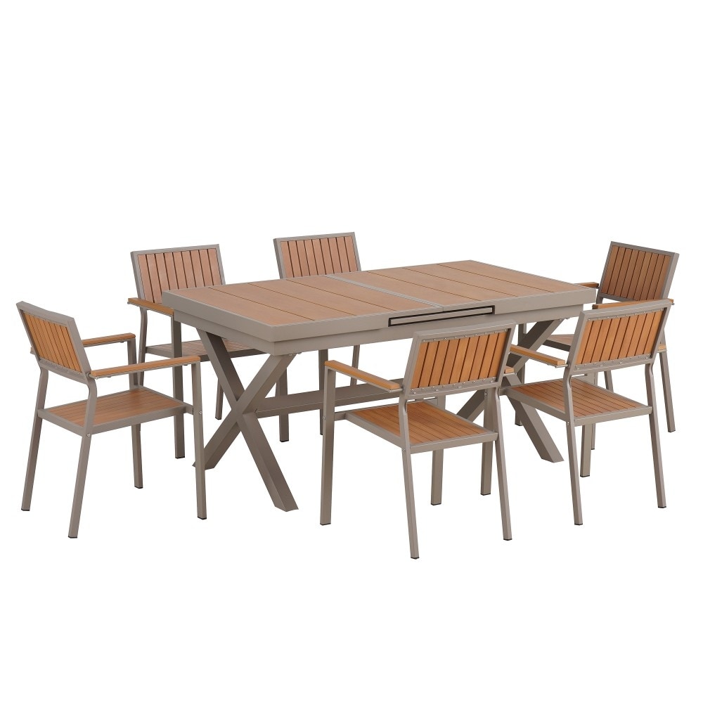 Ensemble de repas moderne pour extérieur, 7 pièces, avec six chaises et une table extensible pour patio.