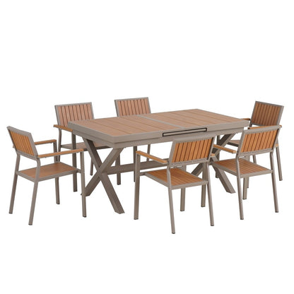 Ensemble de repas moderne pour extérieur, 7 pièces, avec six chaises et une table extensible pour patio.