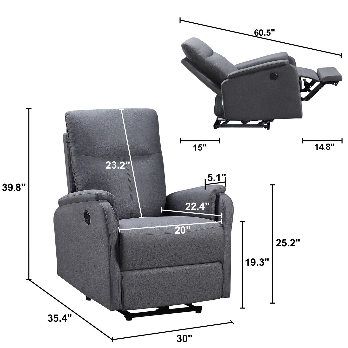 Fauteuil inclinable électrique moderne avec USB, soutien complet de la tête et du bas du dos.