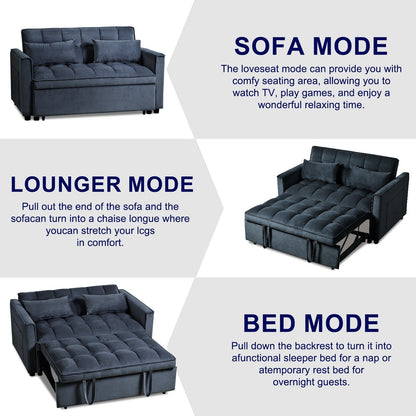 Canapé-lit moderne à déplier, canapé-lit 3-en-1 avec dossier réglable, canapé-lit en velours, coussins et poches latérales.