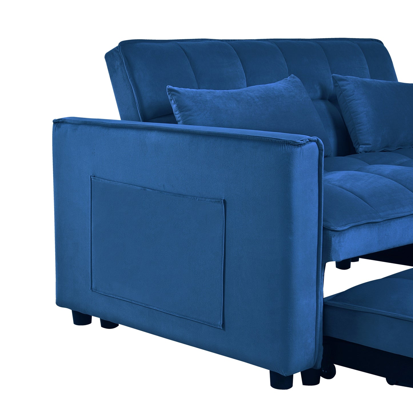 Canapé-lit moderne à déplier, canapé-lit 3-en-1 avec dossier réglable, canapé-lit en velours, coussins et poches latérales.