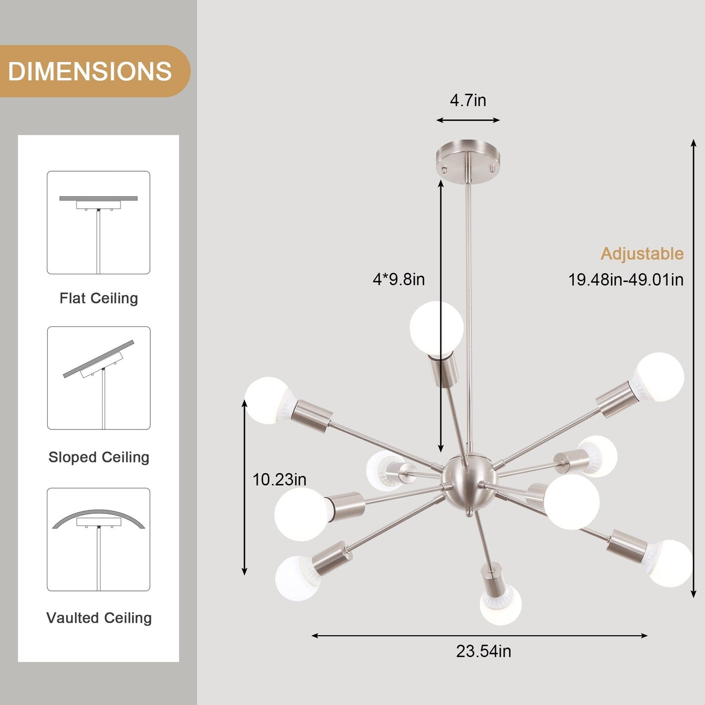 Modern Sputnik Chandelier 10-Light Adjustable Ceiling Light Fixture for Kitchen Dining Room Living Room Bedroom - N/A