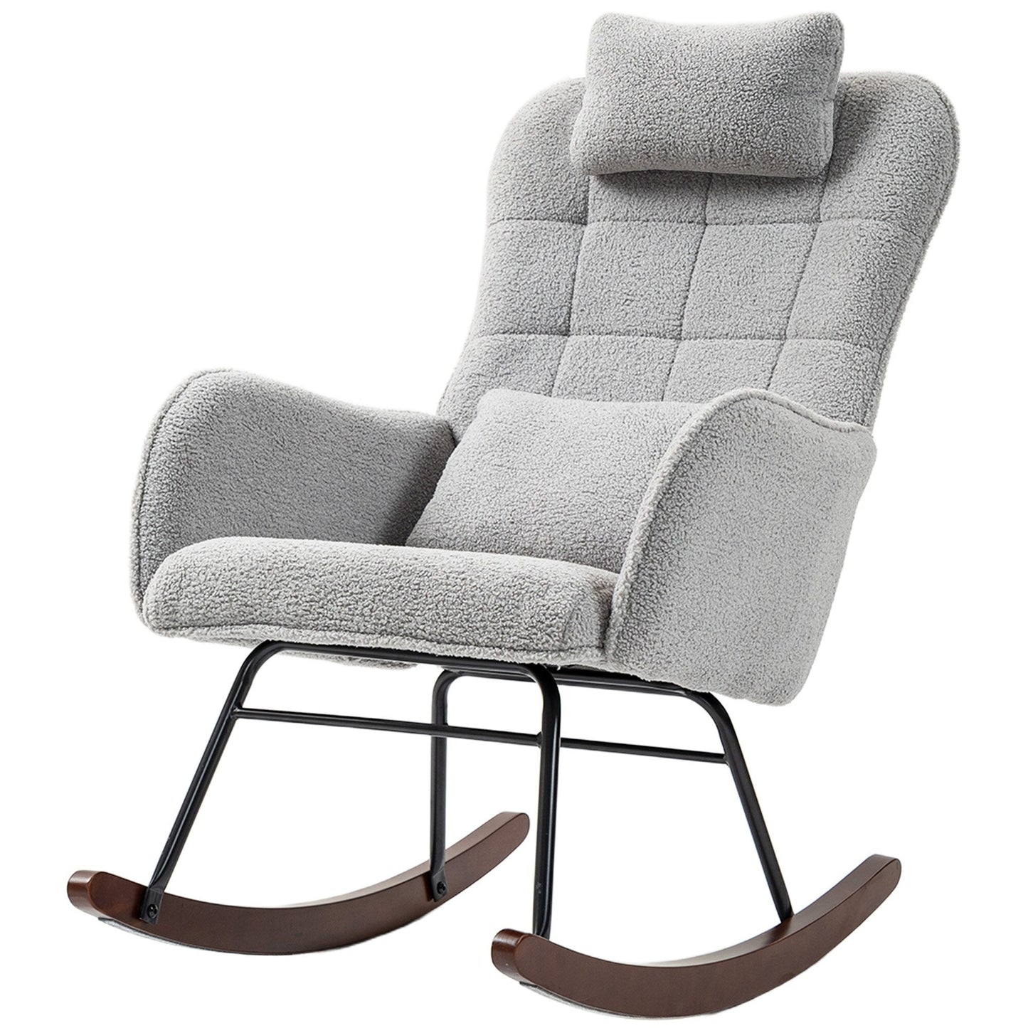 Chaise à bascule moderne en tissu pour chambre d'enfant, avec dossier haut, appuie-tête et coussin lombaire, pour salon ou chambre à coucher.