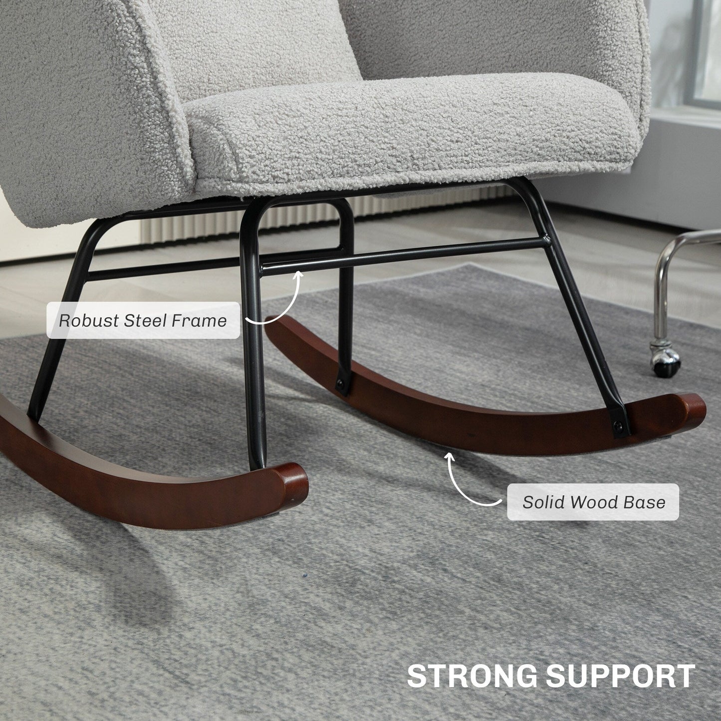 Chaise à bascule moderne en tissu pour chambre d'enfant, avec dossier haut, appuie-tête et coussin lombaire, pour salon ou chambre à coucher.