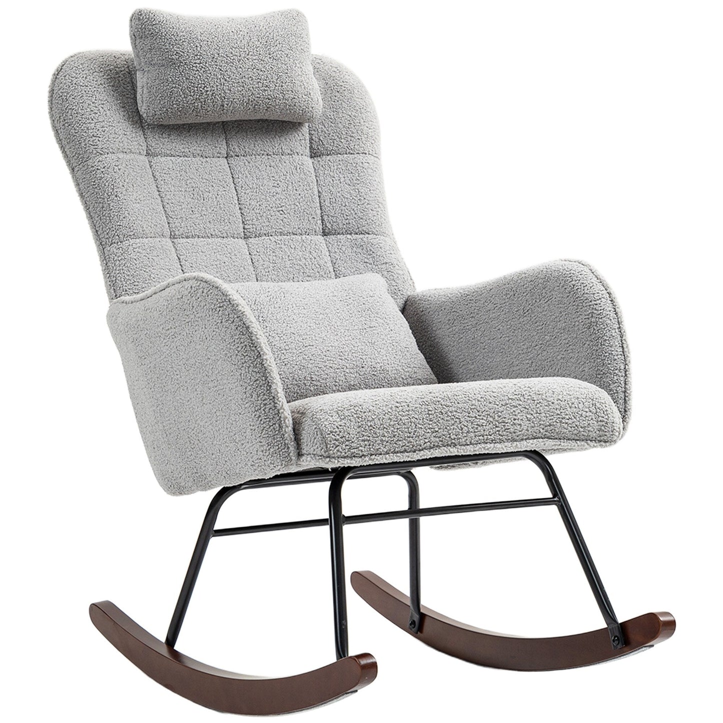 Chaise à bascule moderne en tissu pour chambre d'enfant, avec dossier haut, appuie-tête et coussin lombaire, pour salon ou chambre à coucher.