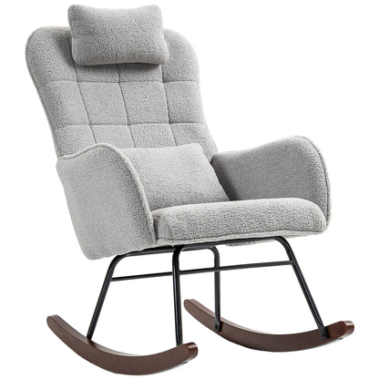 Chaise à bascule moderne en tissu pour chambre d'enfant, avec dossier haut, appuie-tête et coussin lombaire, pour salon ou chambre à coucher.