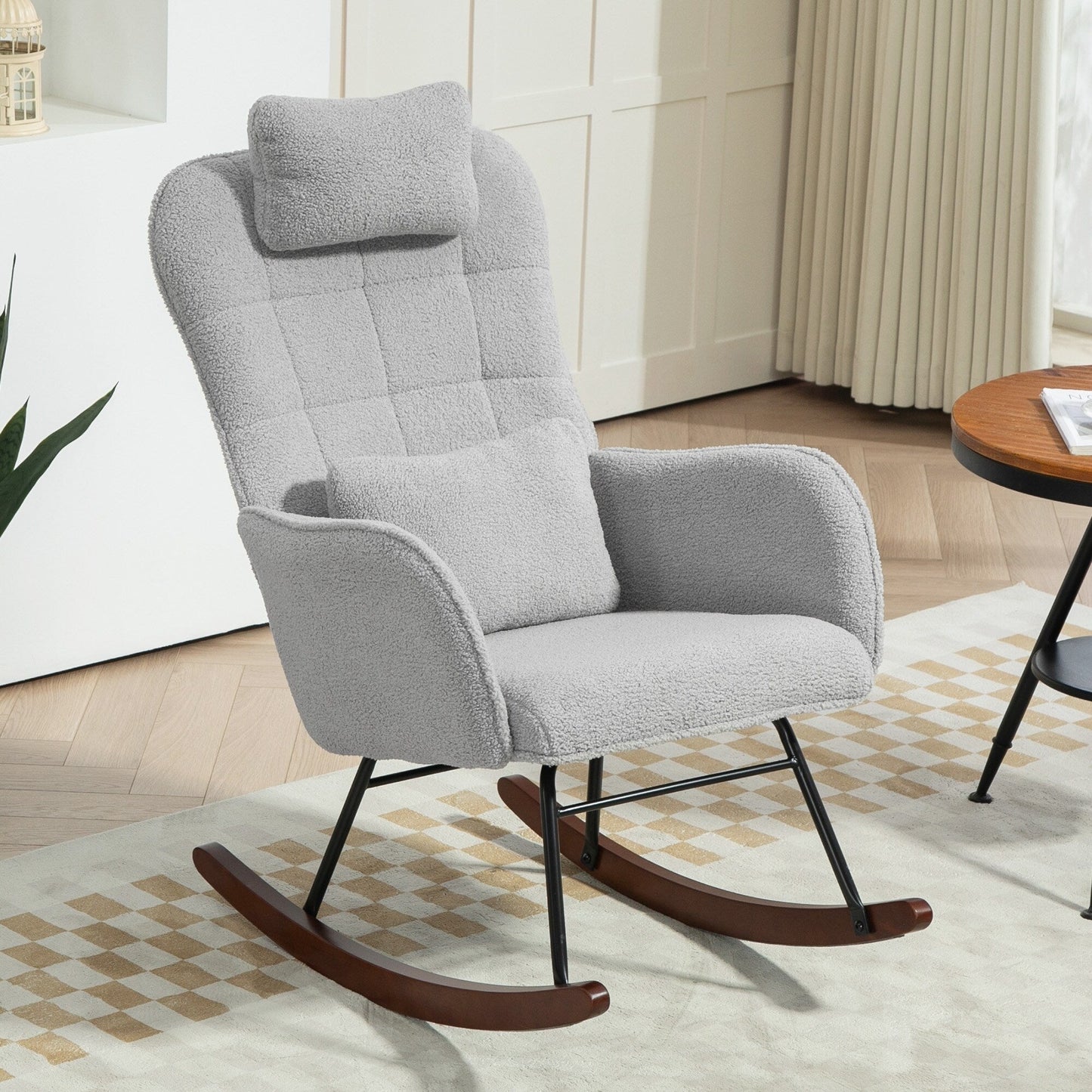 Chaise à bascule moderne en tissu pour chambre d'enfant, avec dossier haut, appuie-tête et coussin lombaire, pour salon ou chambre à coucher.