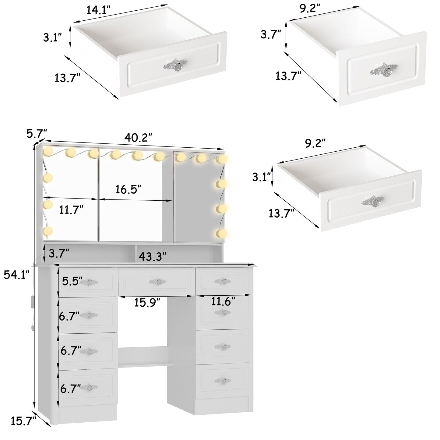 Coiffeuse moderne blanche avec miroir pliable, éclairage réglable - 40,2x54,1