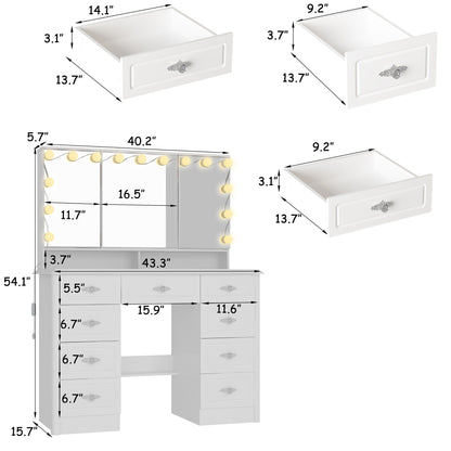 Coiffeuse moderne blanche avec miroir pliable, éclairage réglable - 40,2x54,1
