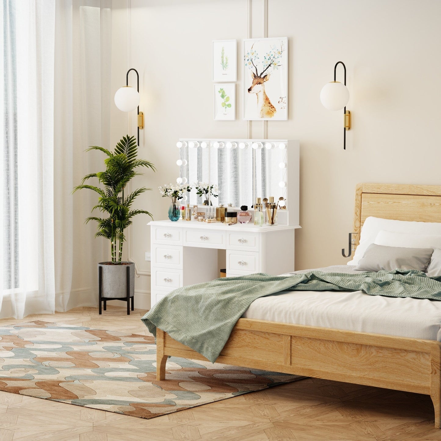 Coiffeuse moderne blanche avec miroir pliable, éclairage réglable - 40,2x54,1